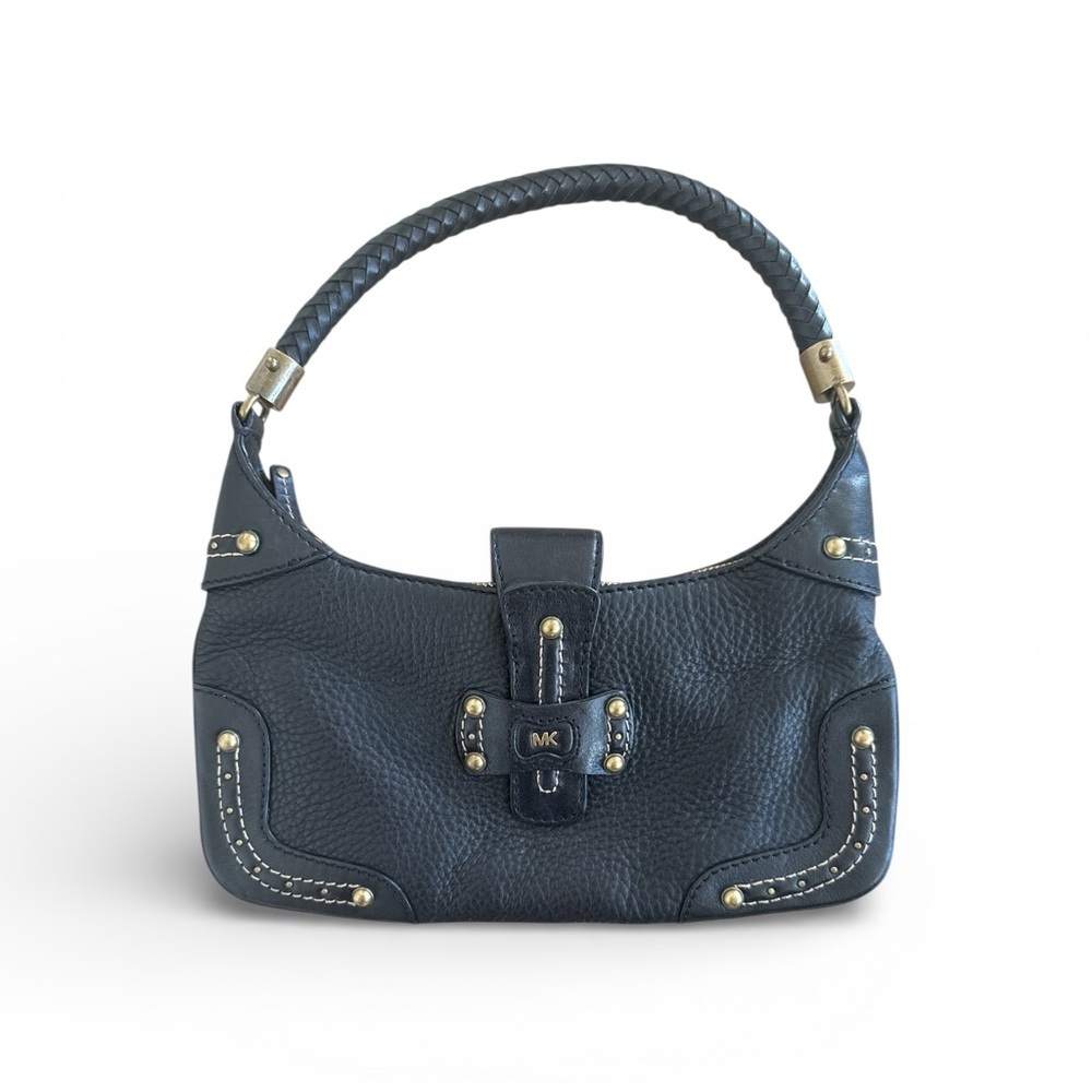Michael Kors Black Leather Shoulder Purse with Braided Strap and Gold Detailing
